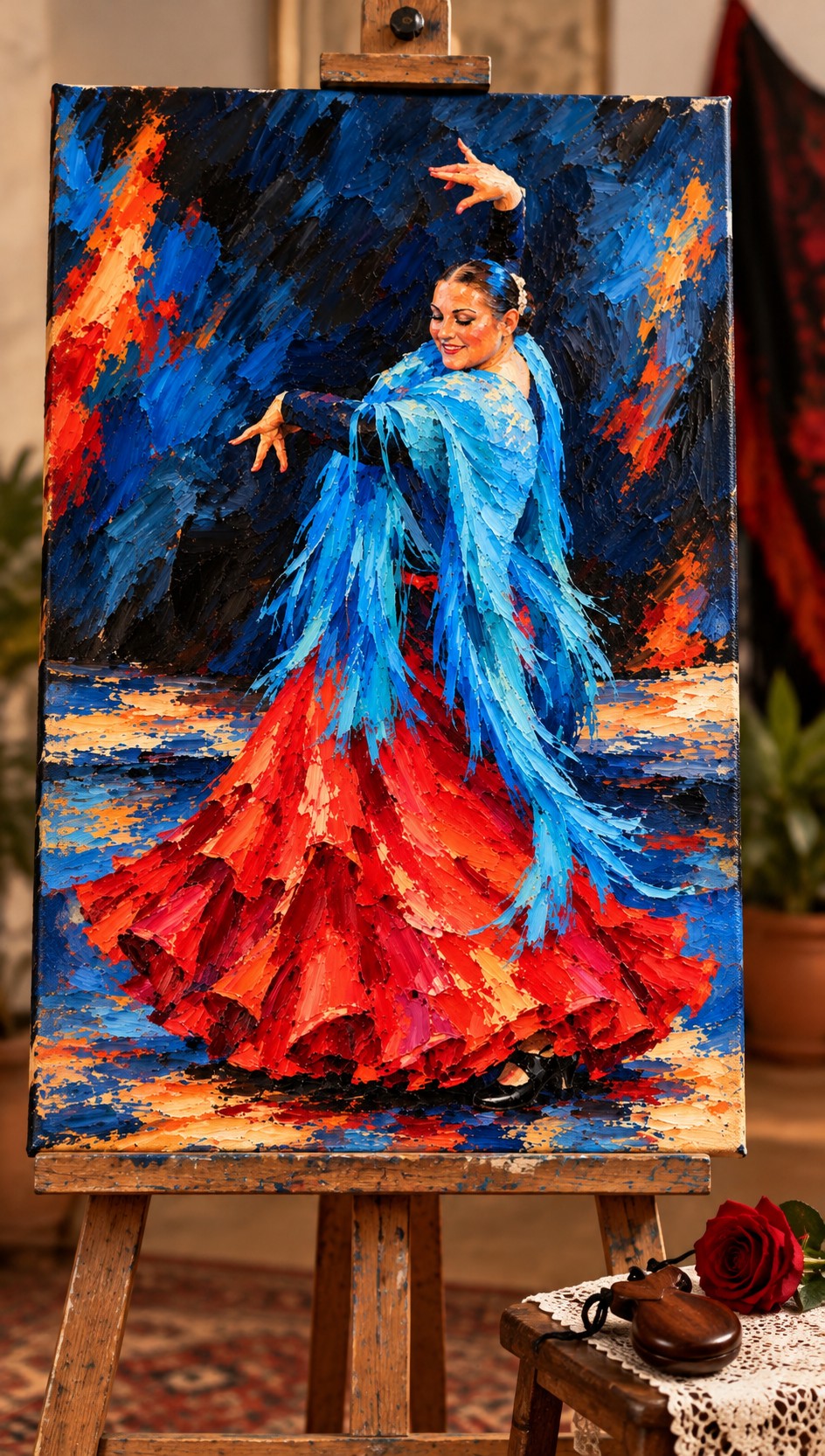 Flamenco dancer painting in blue and red on an easel