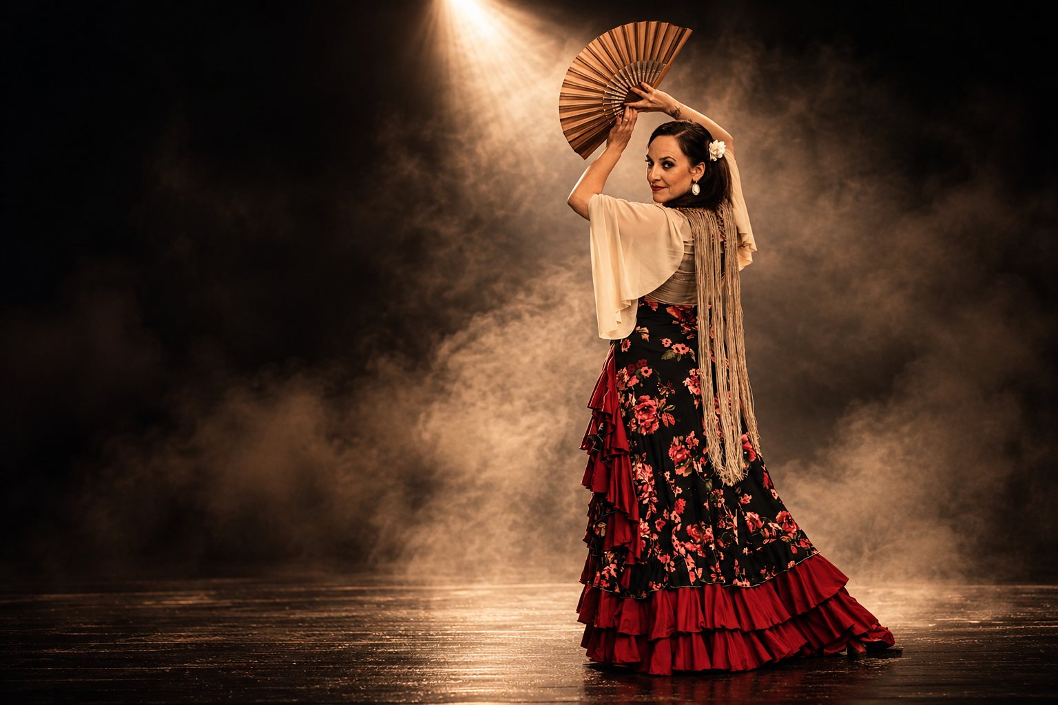 Dancer with a fan and red floral skirt