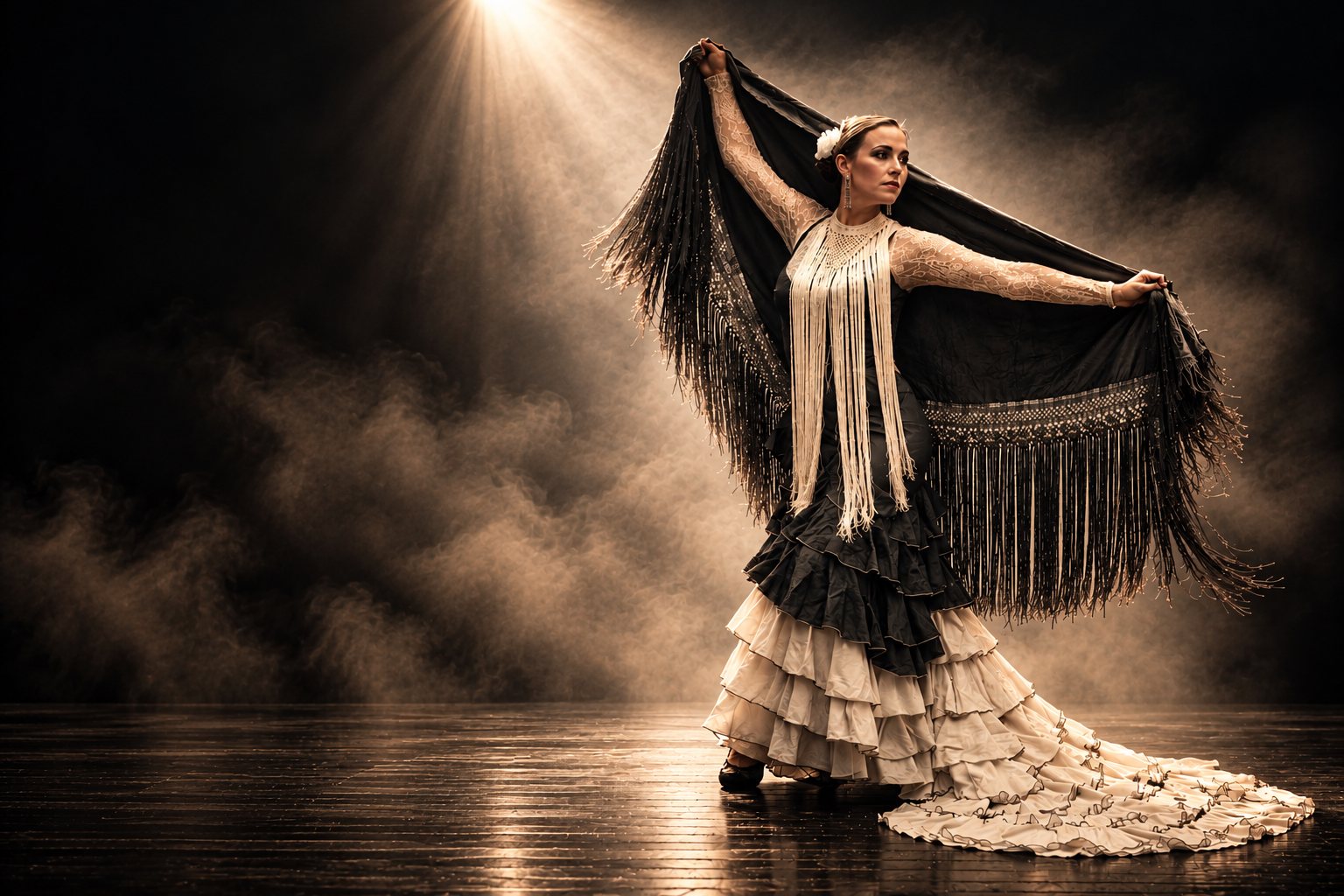 Dancer spreading a black fringed shawl