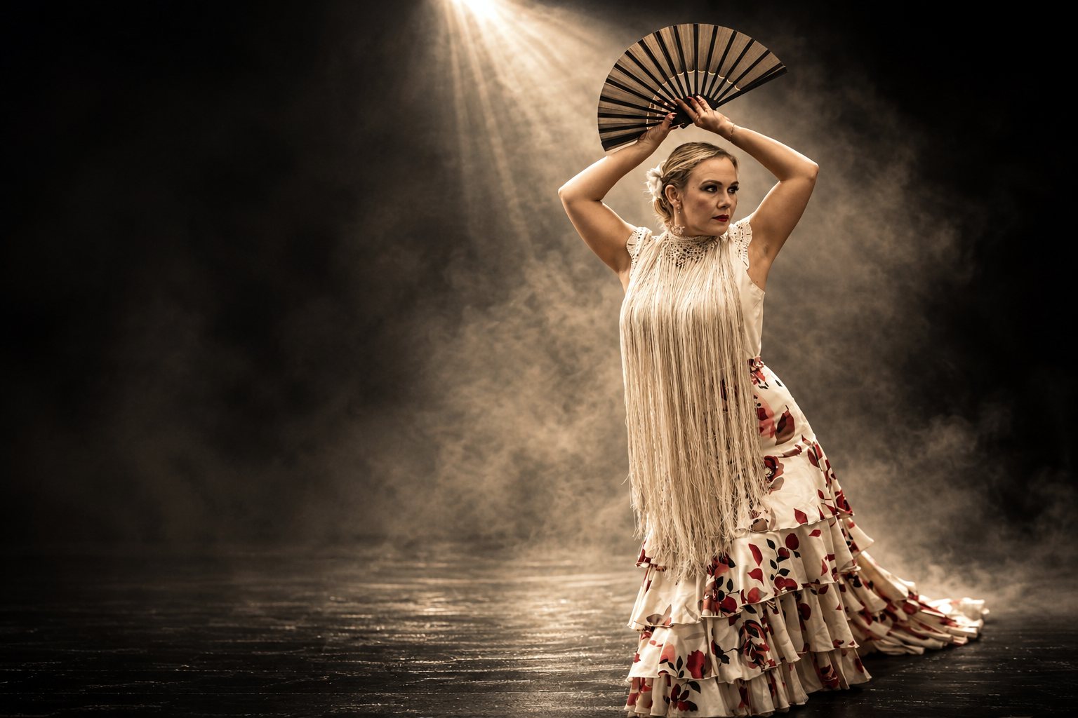 Dancer with a fan and cream shawl