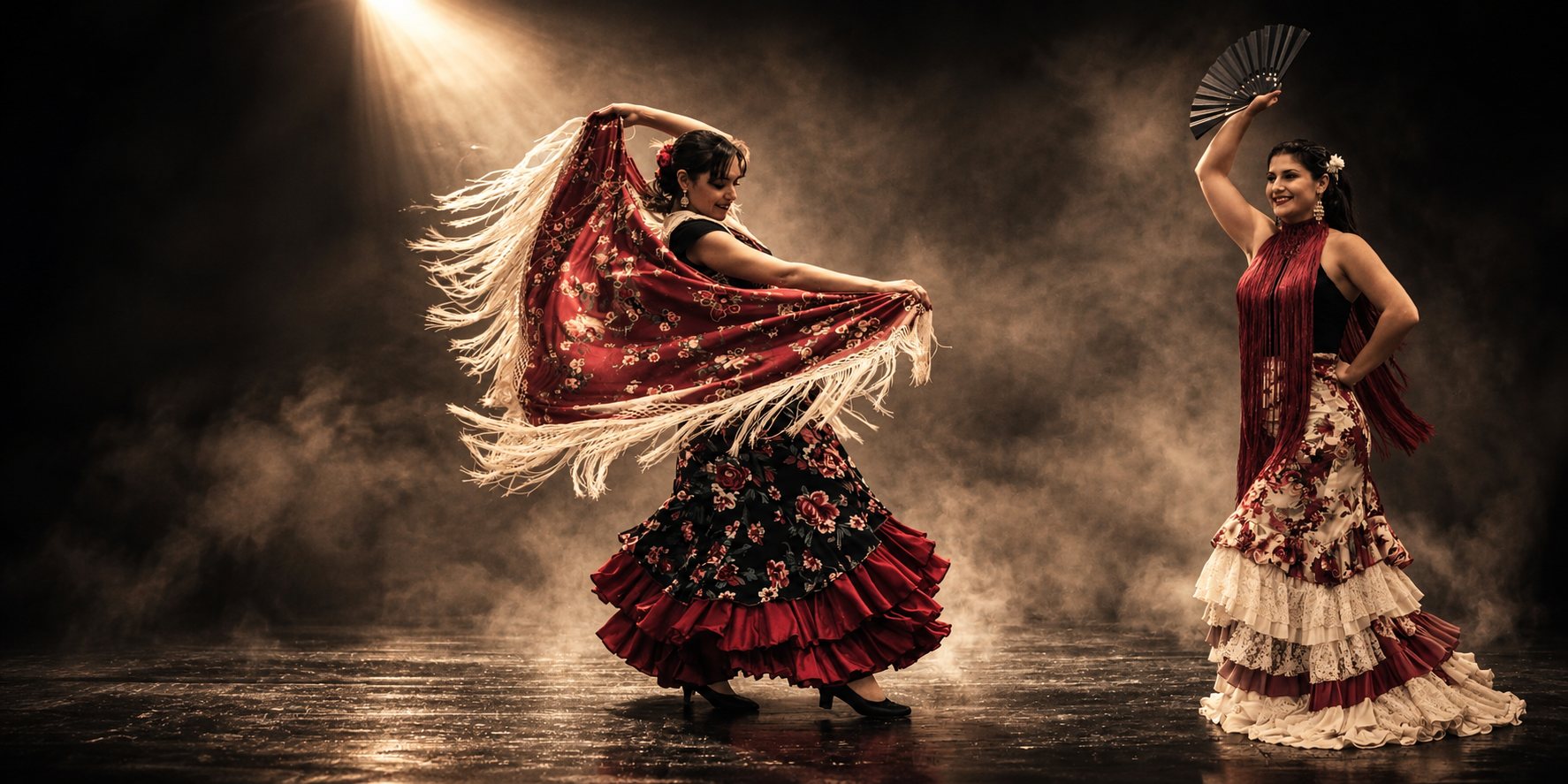 Two dancers in red and cream flamenco dresses